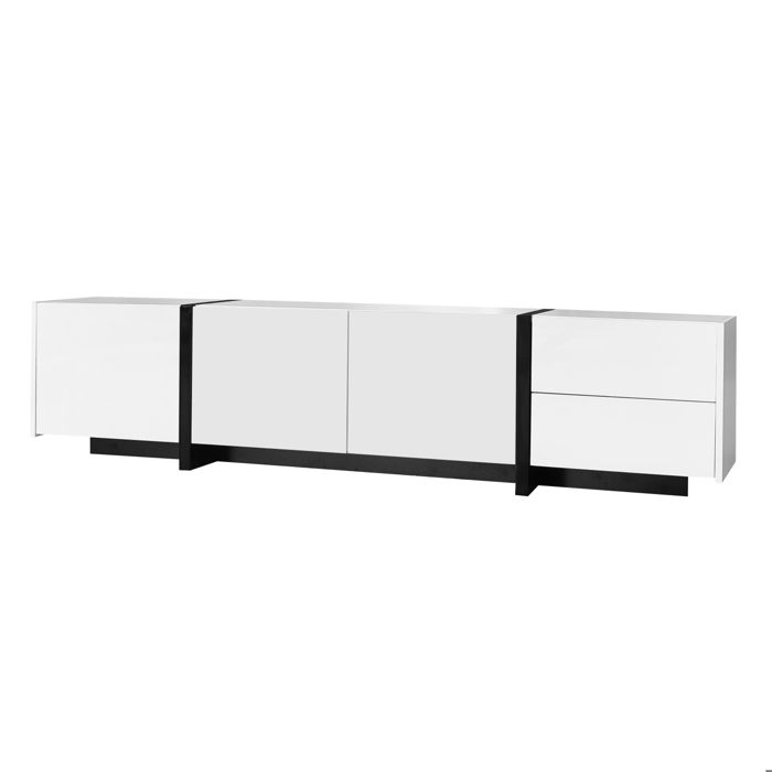 Meuble TV bas structure blanche laquée brillante et pieds de table décoratifs noirs