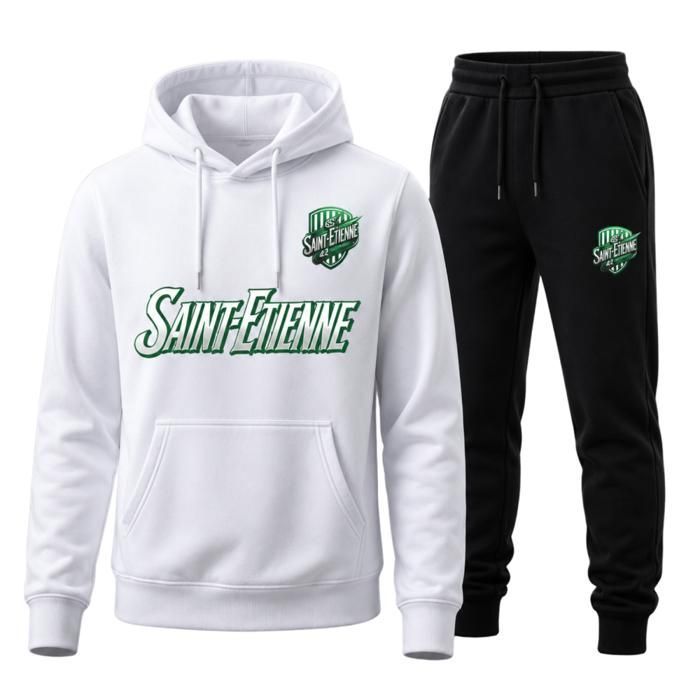 Ensemble Jogging Homme Saint-Étienne – Sweat à capuche + Pantalon noir - Blanc