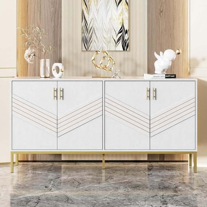 Buffet bas - KOMHTOM - 160x40x80.5cm - 4 portes - Blanc & pieds dorés - Étagères réglables Buffet bas - KOMHTOM - 160x40x80.5cm - 4 portes - Blanc & pieds dorés - Étagères réglables