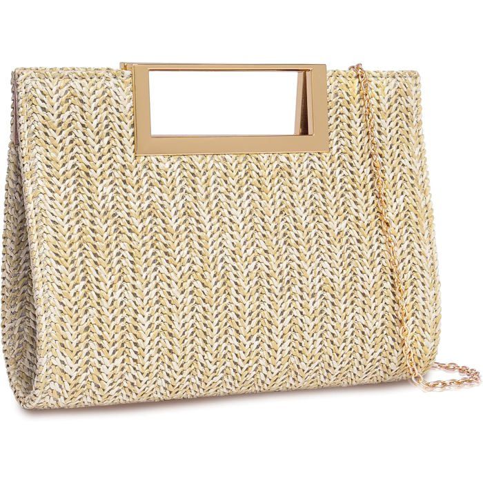 Pochette Paille - 1 Unité - Tressée Beige - Chaîne Amovible - Mariage Plage Été - 24x17x4cm PONTON FLOTTANT