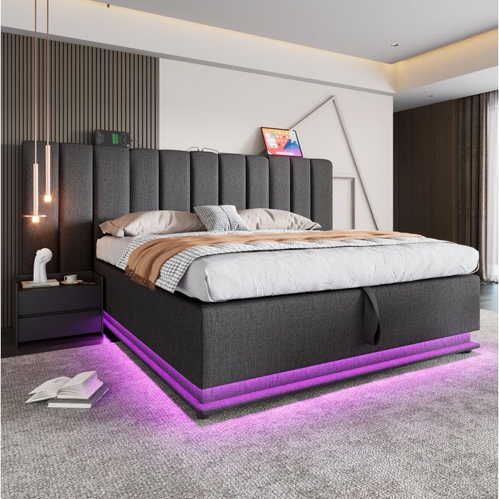 Lit coffre 180x200 cm gris VUENOR – LED 360° USB-C sommier à lattes sans matelas
