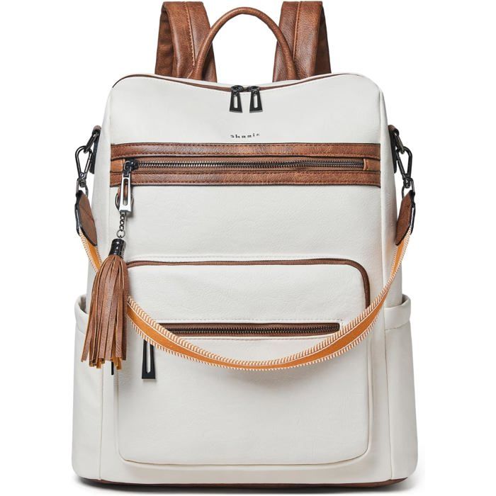 Sac à dos ordinateur portable femme  - 156 pouces - Simili cuir - Beige avec marron - Antivol - Étanche