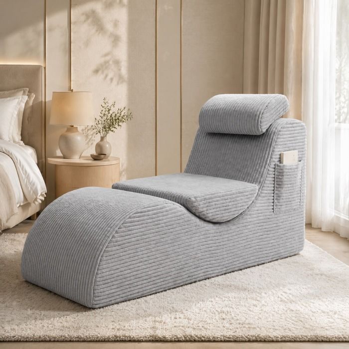 Fauteuil relaxation 1 place ergonomique en velours côtelé gris clair avec coussin amovible et poche latérale