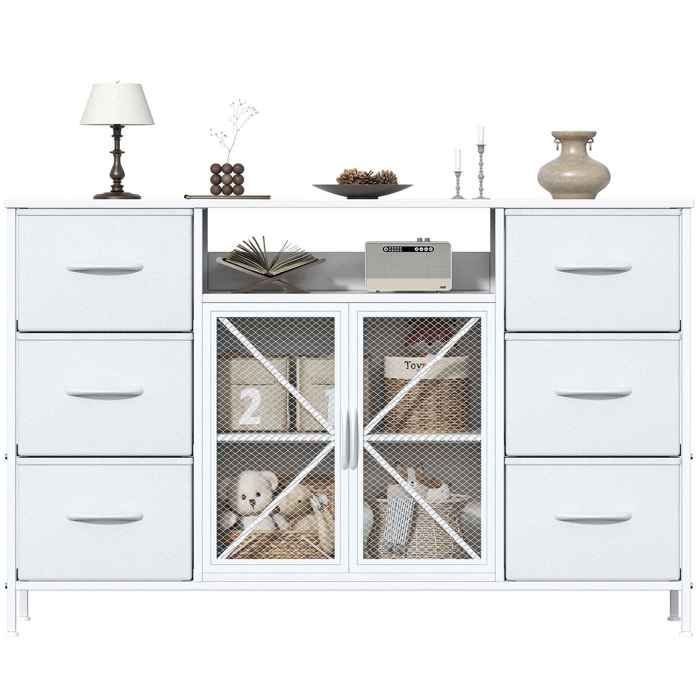 Buffet TV 6 tiroirs en tissu blanc rangement ouvert étagères structure en fer et MDF pieds réglables 120x30x75 cm