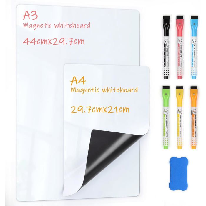 Tableau blanc magnétique A3/A4 avec 6 marqueurs + 1 gomme – effaçable à sec idéal cuisine bureau école ou planning repas