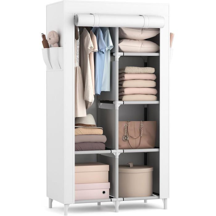 Armoire De Rangement Penderie En Tissu Avec Housse Armoire Portable Avec Barre De Suspension Et Étagères Pour Vestiaire Ch[F5]