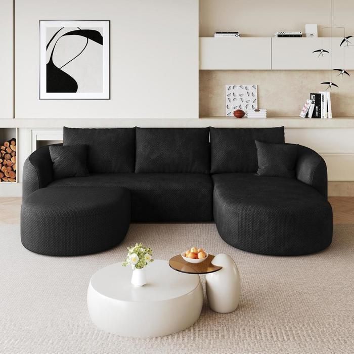 Canapé modulable U 266 x 168 x 85 cm en tissu chenille sofa compression sans cadre assise nuage sans montage noir Canapé modulable U 266 x 168 x 85 cm en tissu chenille sofa compression sans cadre assise nuage sans montage noir