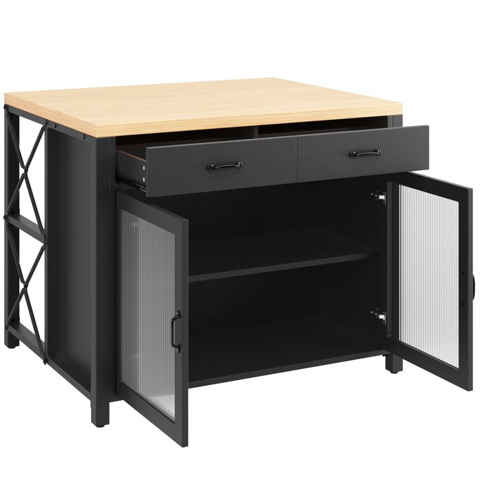 Îlot central de cuisine noir avec plateau aspect bois 2 tiroirs et portes vitrées 100 x 80 x 90 cm