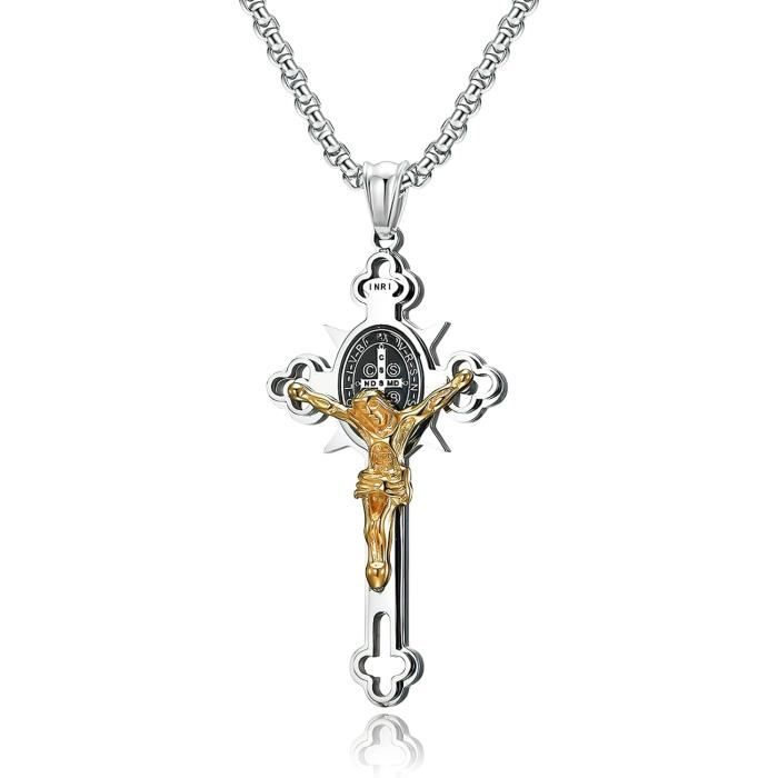 Collier Croix Homme En Acier Inoxydable - Chaîne Chrétienne Argentée 60 Cm Réglable - Cadeau Pâques, Noël, Anniversaire