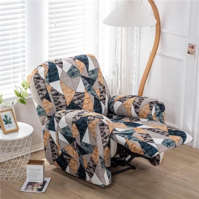 FANSU Housse de Fauteuil Relax Extensible 1 Places, Mode Élégant Impression Housse de Fauteuil Relax Inclinable Electrique avec Poche, Protege de Meubles pour Canapé Inclinable (Bleu-Gris