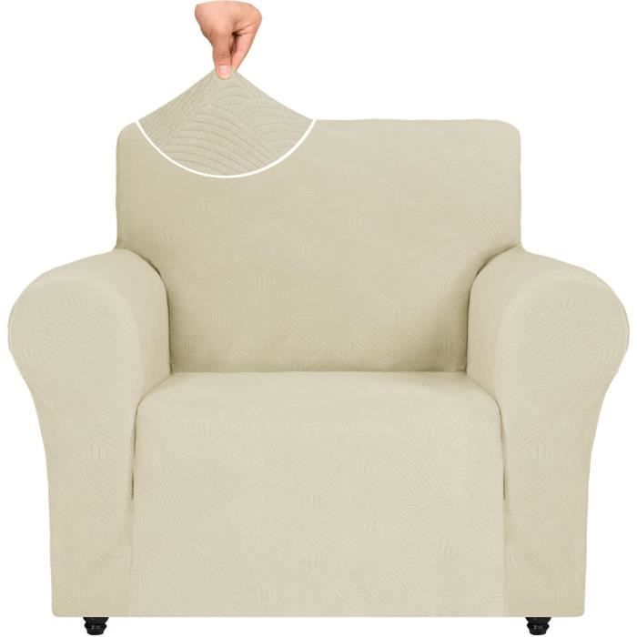 Housse de Fauteuil Extensible - 1 place avec accoudoirs - Beige - Extensible - Protège canapé (chiens)