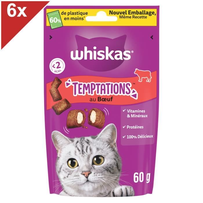 Meilleurs prix pour Friandises pour chat WHISKAS Temptations au Bœuf - Croquantes à l'extérieur et tendres à l'intérieur - 6x60g