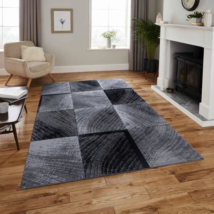 Carreaux gris tapis géométrique courte velours design moderne chambre salon sol big 
