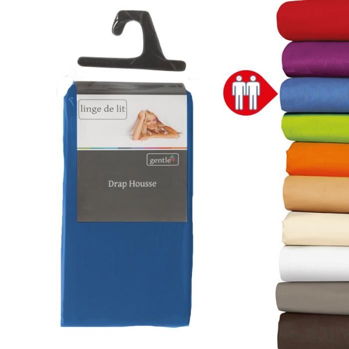 Drap housse - Coton - 140x190 cm - Bleu - 57 fils - Lavable en machine