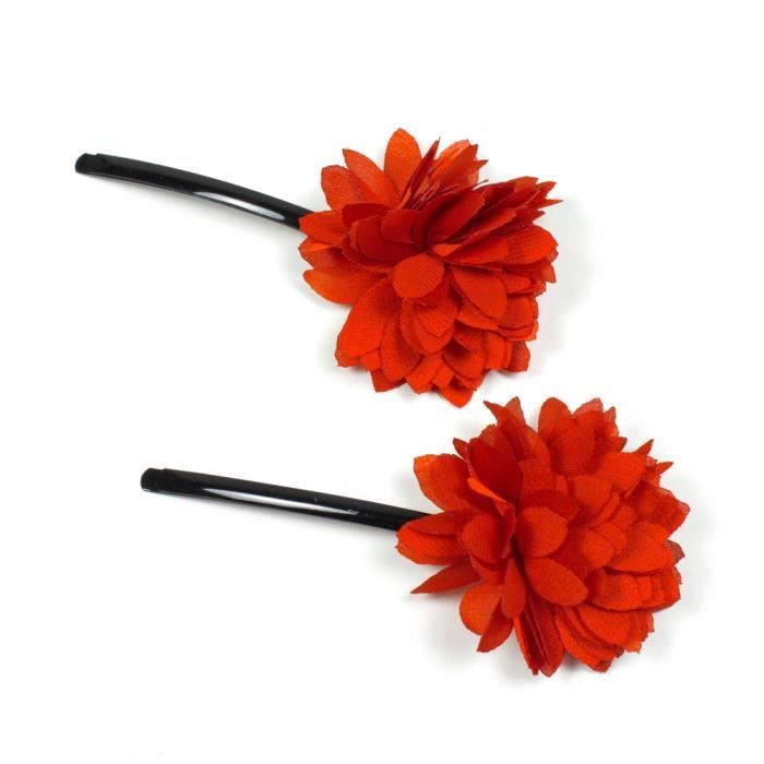 Accessoires cheveux - 2 Mini pince fleur en tissu - orange