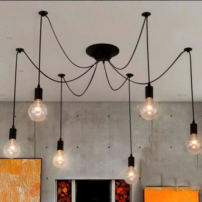 Suspension vintage rétro LOFT plafonnier araignée noir - WOTTES - UNI 6 - 6 têtes - 40W - E27