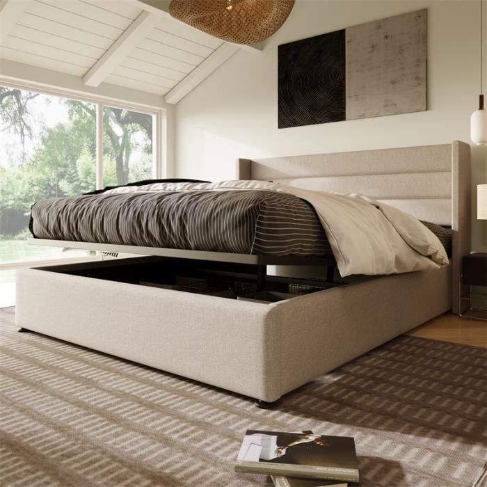 Lit coffre 160x200cm - lit adulte 2 place cadre en métal avec sommier à lattes - contemporain - Lin - Beige
