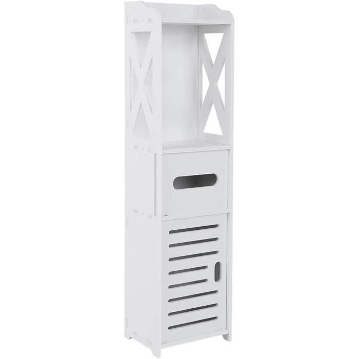 Colonne De Rangement Salle De Bain Étanche 68x16x16cm - Meuble Composite Anti-Humidité Avec Porte-Rouleaux - Étagères Réglables - Gain De Place Blanc