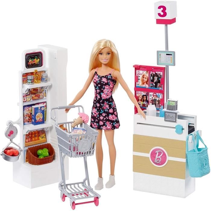 Barbie Mobilier Coffret Supermarché fourni avec poupée à robe fleurie, rayon de marchand , caisse et accessoires, jouet pour enf255
