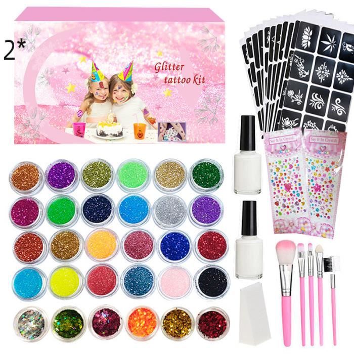 Coffret De Tatouages Pailletés Temporaires Pour Enfants - 36 Couleurs, 220 Pochoirs, Pinceaux, Colle - Idéal Fêtes, Anniversaire, Halloween