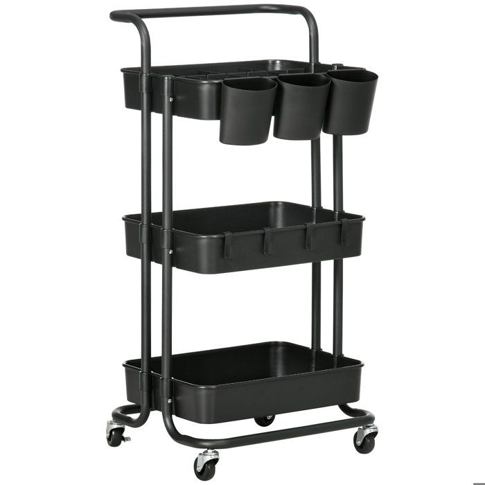 Chariot de rangement - HOMCOM - 3 niveaux desserte étagère roulettes 4 crochets 3 boites - acier - 42x38x86 5cm - noir Chariot de rangement - HOMCOM - 3 niveaux desserte étagère roulettes 4 crochets 3 boites - acier - 42x38x86 5cm - noir
