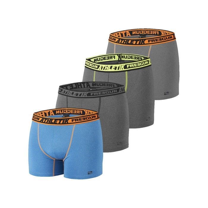 freegun boxer homme aktiv, caleçon homme sport, ultra-confort ceinture (4 cm) et strech (lot de 4) - bleu, gris, orange taille m