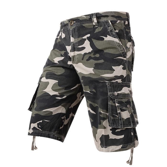 Pantacourt Homme Cargo en coton Coupe droite Taille standard Casual Multipoches Camouflage