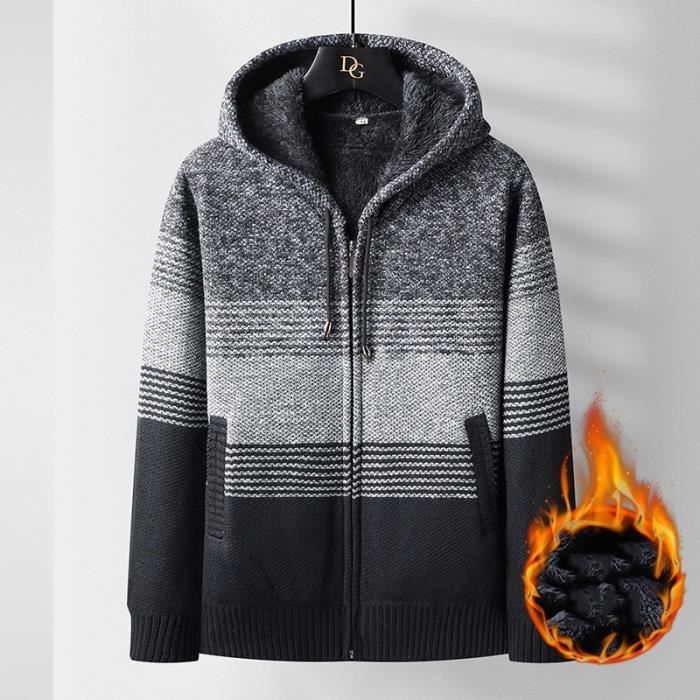 Cardigan Homme Zippé à Capuche - En Polaire épaisse, Doublure Peluche, Coupe Ajustée, Pour L'hiver