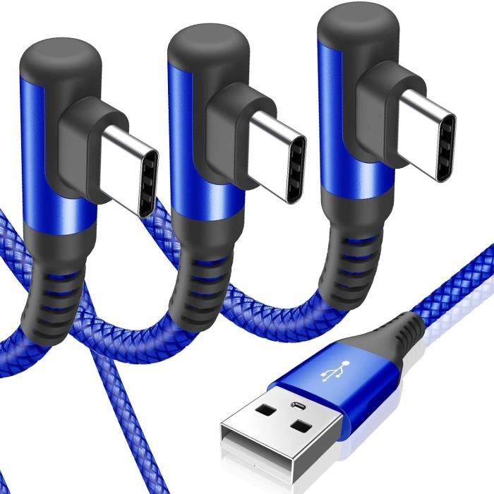 Câble USB-C Coudé 90° 1m - Charge Rapide 3A, Nylon Tressé, Garanti 3 Ans, Par TechExpert