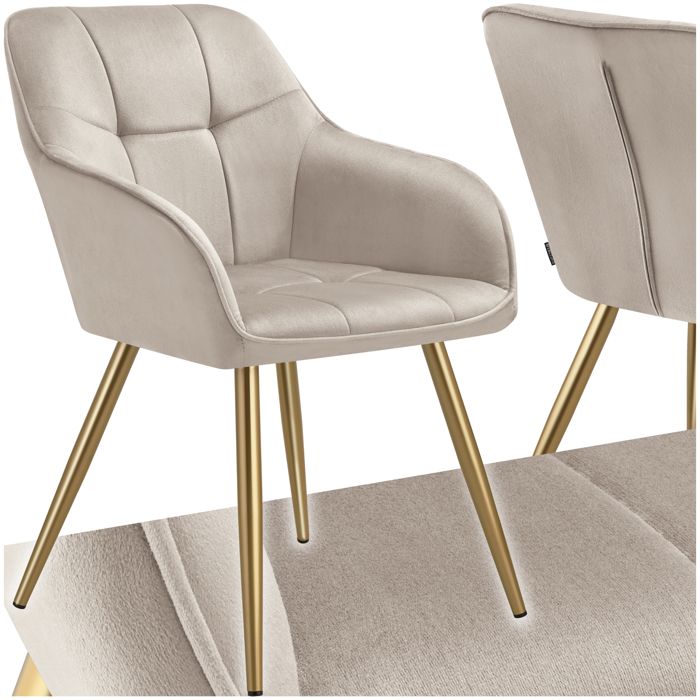 Chaise - TECTAKE - Chaise MARILYN effet velours capitonné rembourrée et pieds acier doré 58 x 62 x 82 cm - Taupe/Or