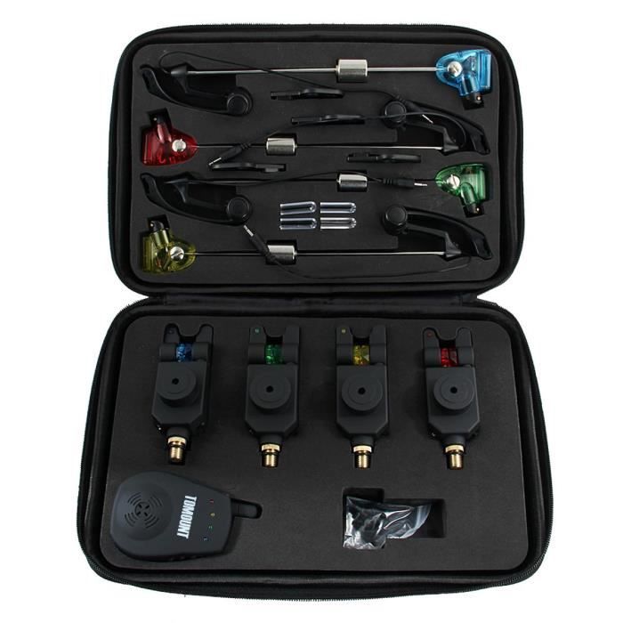 Kit De 4 Alarmes De Touche Réglables Pour Pêche à La Carpe - Avec éclairage, En Plastique Et Acier - Couleurs Rouge, Jaune, Bleu, Vert