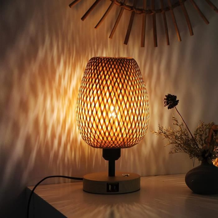 Lampe De Chevet En Bambou Et Rotin Gradation Illimitée Contrôle Tactile,  Ampoule 7W E27 (Incl.), Lampe De Table Avec 2 X Port[H224] - Cdiscount  Maison