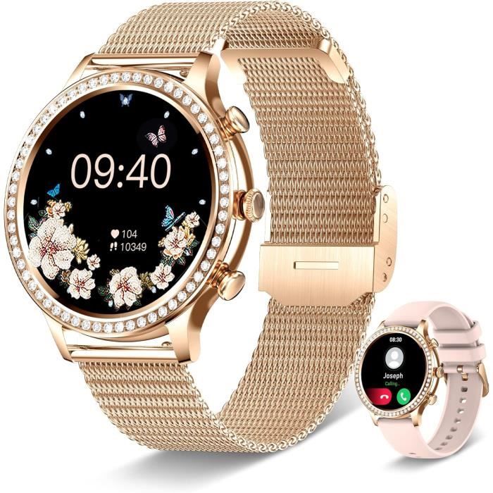 Montre Connectée Ronde 1,39" HD - Appel, Santé, Femme, Bracelet Acier Rose