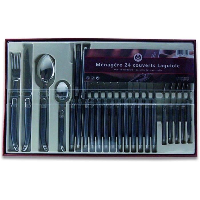 MENAGERE,Black Silver--Couverts de table en acier inoxydable, 24 pièces