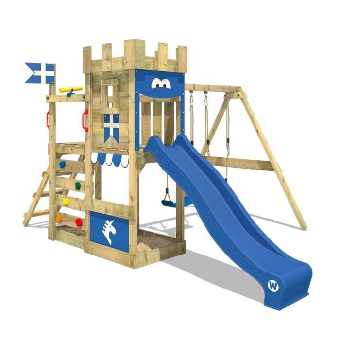Wickey WICKEY Aire de jeux Portique bois RoyalFlyer avec balançoire et toboggan bleu 