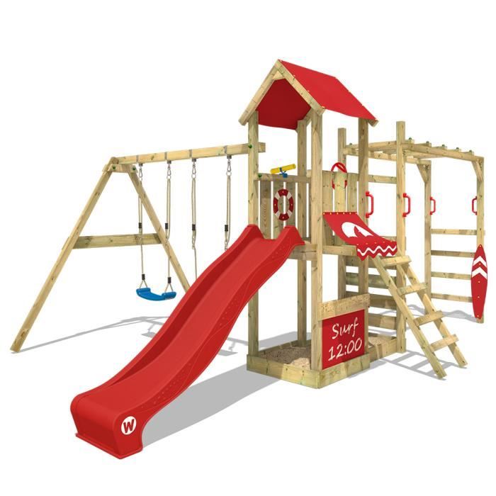 Wickey Aire de jeux Portique bois Smart Queen avec balançoire et toboggan Maison enfant exterieur avec bac à sable, échelle d'escalade & accessoires de jeux - rouge