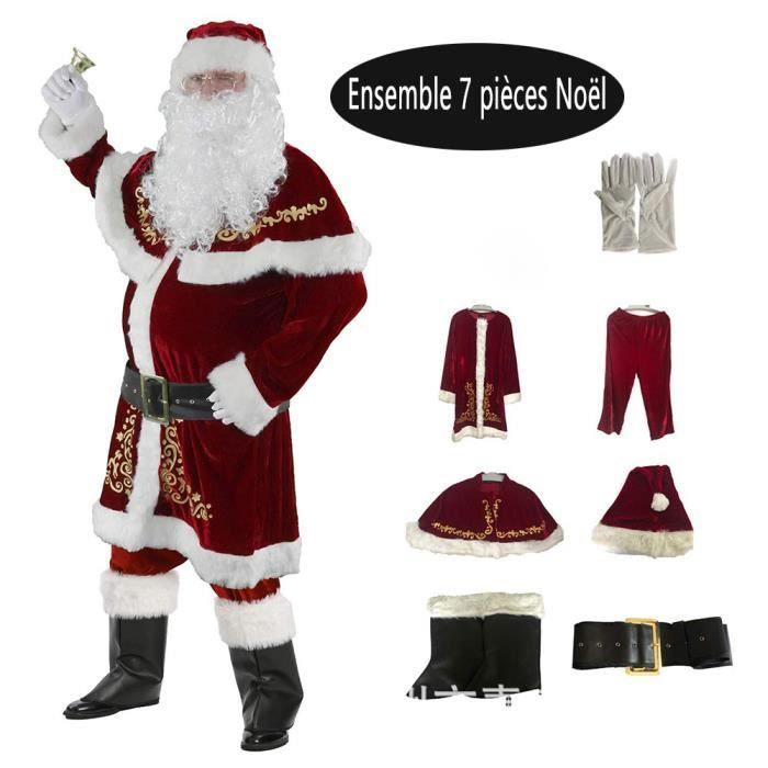 Costume de Père Noël pour Hommes 7 pcs Complet de Déguisement de Noël pour Adulte Rouge Velours de Luxe Vêtement de Père Noël M