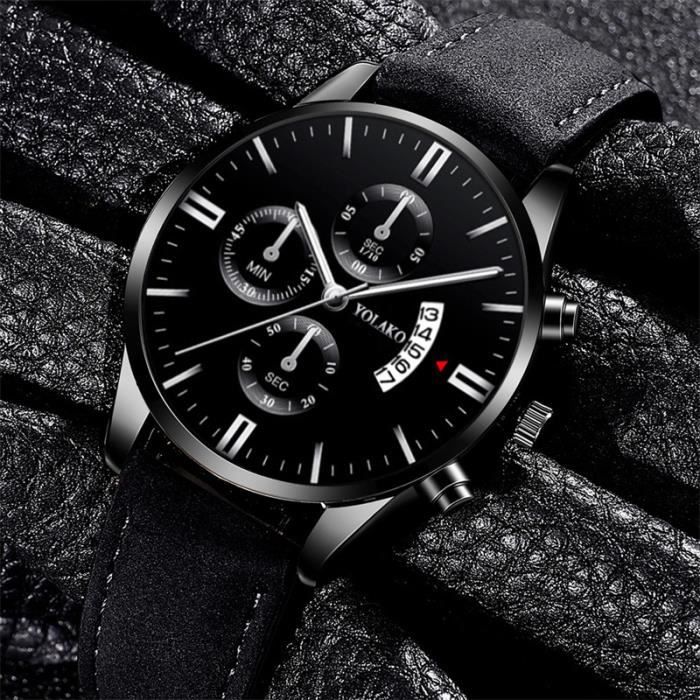 Montre bracelet en cuir noir pour homme accessoire de luxe minimaliste a Quartz style Business decontracte BLACK SILVER Achat vente montre Homme Blanc Cdiscount