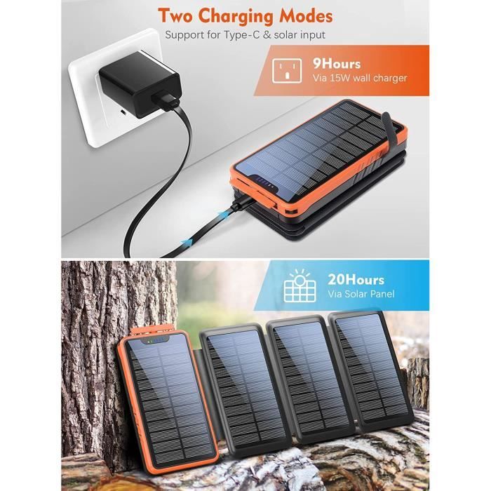 Powerbank Solaire 26800mAh – 2 USB + USB-C PD 15W – Imperméable, Lampe LED – Pour Camping, Randonnée, Dépannage