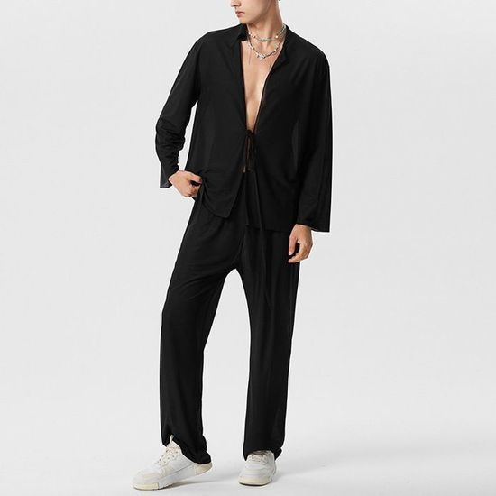 Ensemble pyjama transparent pour homme Pyjama sexy transparent a manches longues Survetement decontracte Tenue d ete blanc