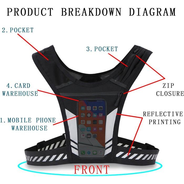 Gilet De Course à Pied Réfléchissant, Avec Poche Pour Téléphone, Taille 25x32 Cm, Sans Marque