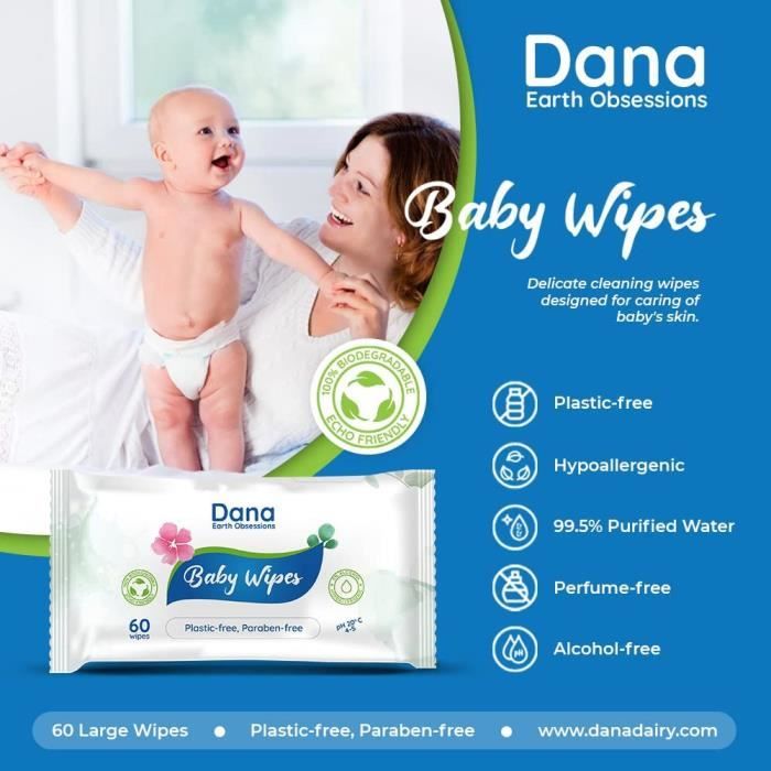 Dana lingettes hdes pour bébé avec de l'eau purifiée pour nettoyer la peau  et le corps sensibles du nouveau-né, biodégradables, 168 - Cdiscount  Puériculture & Eveil bébé