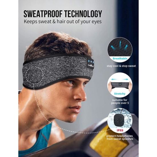 confortable à porter pendant une longue période Bluetooth sans fil Bandeau sport sommeil Yoga pour casque Bandeau de marche Jogging Dormir Noir