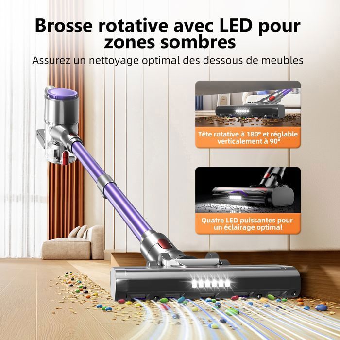 Aspirateur Balai Sans Fil Puissant 6 En 1 - 40Min Autonomie, Pliable, Léger Et Silencieux Pour Sols, Tapis Et Poils D'Animaux