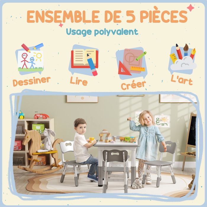 Ensemble 1 table et 4 chaises pour enfants à hauteur réglable, set de 5 pièces, gris - Puériculture & Eveil bébé