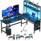 HLONONE Bureau en L de 170 cm, Bureau Gaming LED, Avec Tiroirs et Sacs de Rangement, Prises électriques et Ports USB Intégrés,Noir
