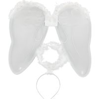 Kit ange adulte - ailes et auréole - tissu blanc avec paillettes argentées et plumettes blanches