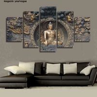 Modulaire Mur Art Photos Toile Affiche sans cadre 5 Panneau Bouddha Statue Bouddhisme Art Paysage Décor À La Maison HD Imprimé MC1