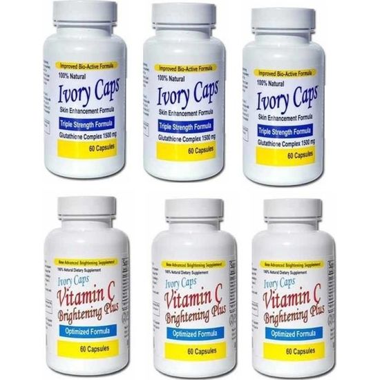 (3 X ensembles de bouteilles) Ivory Caps peau blanchissant éclaircissant complexe glutathion pilule + vitamine C éclaircissant Plus