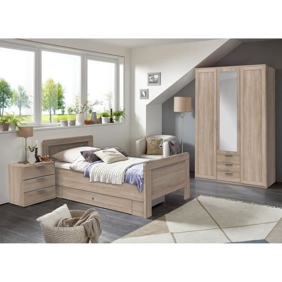 Chambre à coucher complète enfant (lit 90x200cm+ tiroir + chevet + armoire) coloris imitation chêne